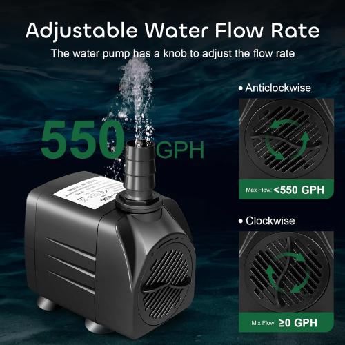 GROWNEER 550GPH Submersible Pump 30W Fountain Water Pump, 2000L/H, with 7.2ft High Lift, 3 Nozzles for Aquarium, Fish Tank, Pond, Hydroponics, Statuary