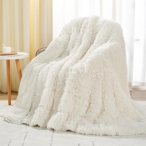 Uttermara Shaggy Faux Fur Weighted Blanket 15lbs, Super Soft Plush Fleece and Cozy Sherpa Reverse, Decorative Long Fur Throw Blankets 48x72 15LBS Cream