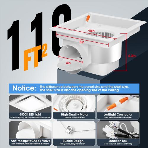 FEITON 110 CFM Bathroom Exhaust Fan with LED Light, 1.0 Sones Ultra Quiet