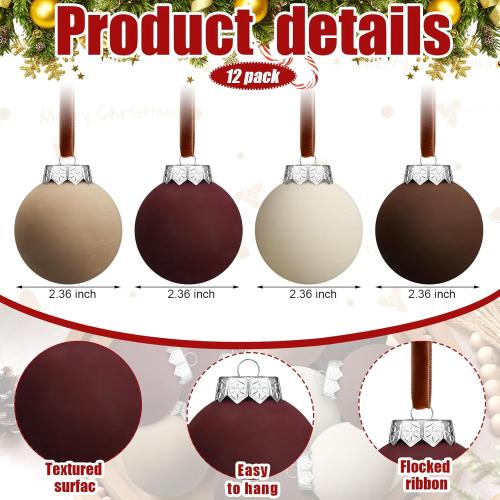 12 Pcs Neutral Matte Christmas Ball Ornaments 2.4 Inch Rustic Boho Burgundy Brown Camel Cream Xmas Bulbs Ornament Vintage Xmas Baubles Modern Christmas Decor for Tree Farmhouse Decor