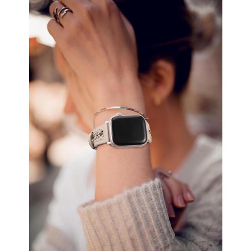 Minyee Leather Band Compatible with Apple Watch Bands 38/40/41/42/44/45/46/49mm Women, Dressy Premium Leather Strap with Stainless Steel Metal Chain for iWatch Series 11 10 9 8 7 6 5 4 SE/Ultra 3 2 1