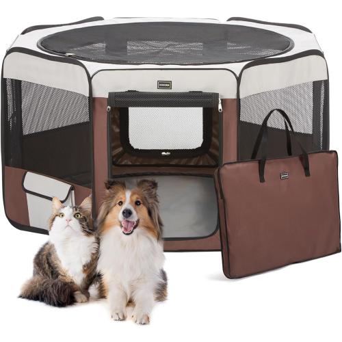 DONORO Dog Playpen 55 Portable Pet Play Pens for Medium Large Dogs, Foldable Exercise Kennel Tent Crate Indoor/Outdoor Travel Camping, Removable Top/Bottom (55x55x30), 8