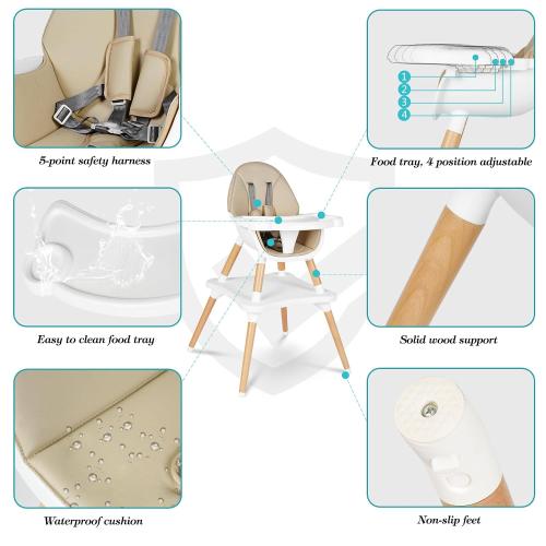 Beige 6 in 1 High Chair for Babies & Toddlers, Convertible Wooden Baby Highchair, Table and Chair Set, Baby Feeding Chair, 5-Point Adjustable Harness/4-Position Removable Tray& PU Seat Cushion