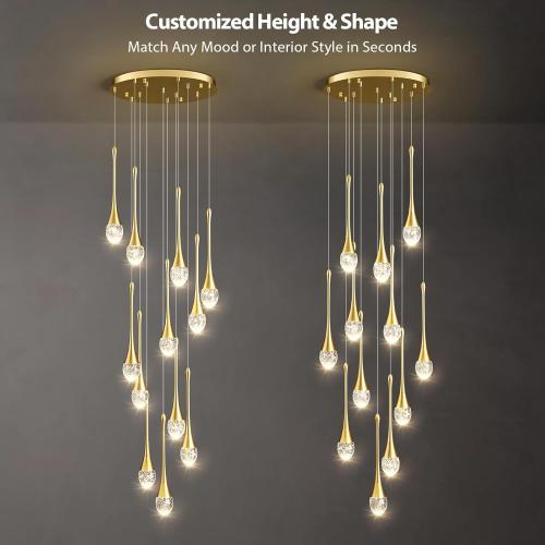 Raindrop Crystal Chandelier High Ceiling: 12 Lights Remote Dimmable LED - Large Long Modern Bubble Hanging Pendant Light Fixture Teardrop Spiral Chandeliers for Living Room Staircase Entryway Foyer