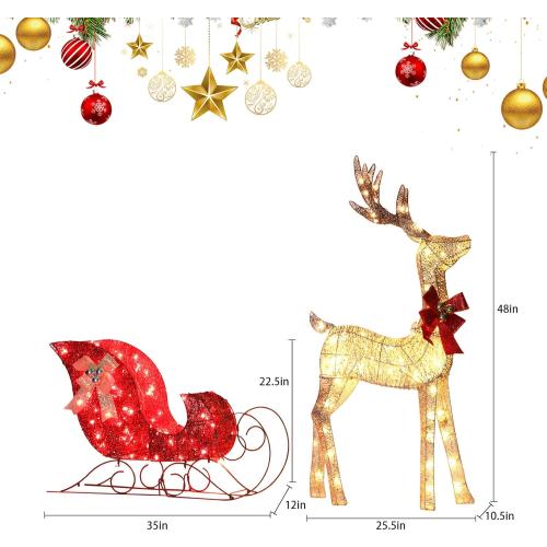 Light up Christmas Decor Deer Set, Lighted Christmas Deer Decorations & Sleigh 2 Pcs for Indoor Home Outdoor Front Yard Porch with 160 LED Lights, Ground Stakes,Cable, Gold &red Sleigh