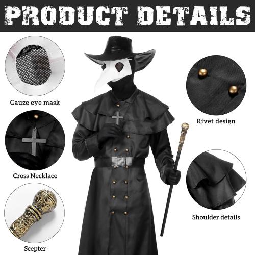 Plague Doctor Halloween Costume Adult Men White,7Pcs Plague Doctor Outfit with Mask for Mens Halloween Costumes