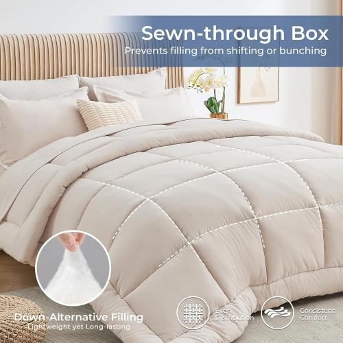 7pc Beige Queen Sasttie Comforter Set, Beige 7 Pieces Bed in a Bag Queen, Complete Bedding Set Includes Comforter, Flat Sheet, Fitted Sheet, Pillowcases and Pillow Shams, Beige