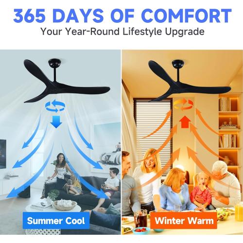 52 3 Blade Ceiling Fan Without Light, Farmhouse Rustic Wooden Flush Mount Ceiling Fan no Light with Remote for Indoor/Outdoor - High End Silent Operation, Black, 52 Inch
