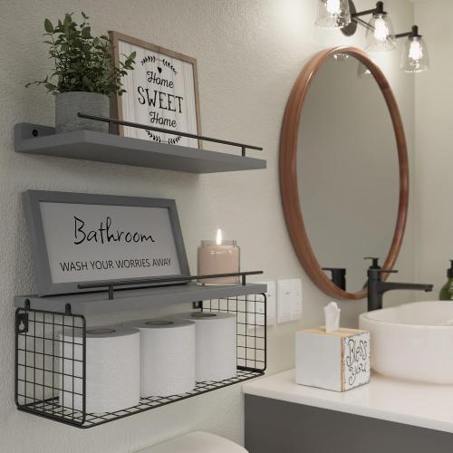 WOPITUES Floating Shelves for Wall Decor Sign, Bathroom Organizers and Storage, Bathroom Shelves Over Toilet with Metal Guardrail-Modern Grey