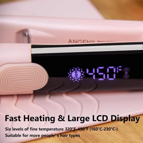 ANGENIL Pro Round Pink Dual Voltage Hair Straightener Irons, Titanium Flat Iron Hair Straightener and Curler 2 in 1 with Heat Resistant Silicone Mat, Smoothness, Large LCD Display, 20S Fast Heat Up