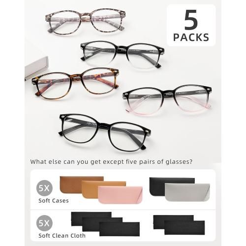 5 Pack Reading Glasses For Women, Blue Light Blocking Computer Reader Spring Hinge Eyeglasses