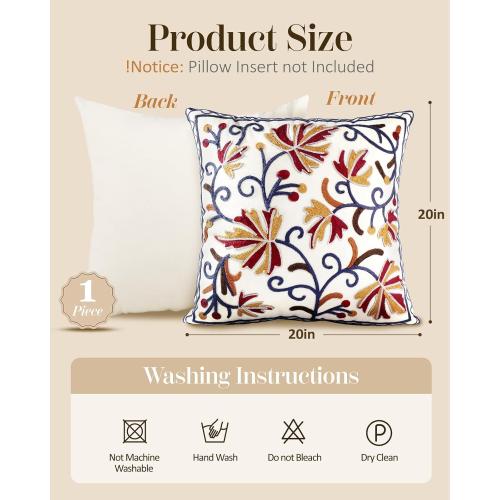 Embroidered Throw Pillow Cover - 20x20 Decorative Pillow Cover with Zipper Aesthetic Cute Design Boho Spring Summer Throw Pillowcase for Living Room Couch Sofa Bed, Fall Flower