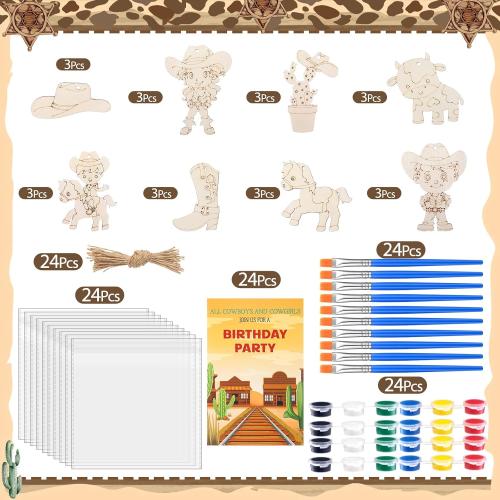 Saypacck 24 Pcs Party Favors Wooden Painting Craft Kits Birthday Party Supplies with Organza Bag for Goodie Bags Fillers Adult Thank You Gifts(Western Cowboy)