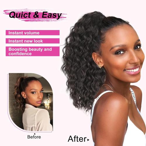 AISI BEAUTY Curly Ponytail Extension Drawstring Ponytail for Black Women 14 Inch Fake Ponytail Curly Synthetic Clip in Pony Tails Hair Extensions(Brown Black)