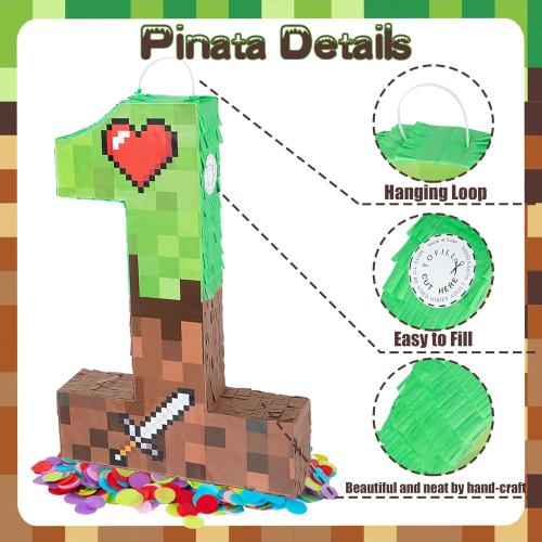 PCFING 20 Inch Pixel Number 1 Piñata with 30 Inch Piñata Stick Blindfold Confetti for Boy Girl Adults Birthday Party Decorations, Anniversary Celebration, Fiesta