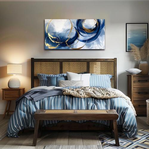 Abstract Wall Art Nave Blue Modern Canvas Pictures Art Print Gold Contemporary Artwork Painting Decor for Living Room Bedroom Home Office Decorations(20x40)