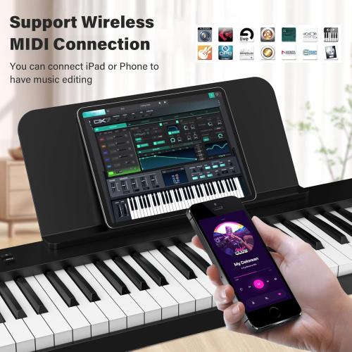 BESFAN 88 Key Folding Piano Keyboard, Portable Semi-Weighted Digital Piano with MIDI Support, Built-in Speakers, Rechargeable Battery, Travel Piano for Beginners
