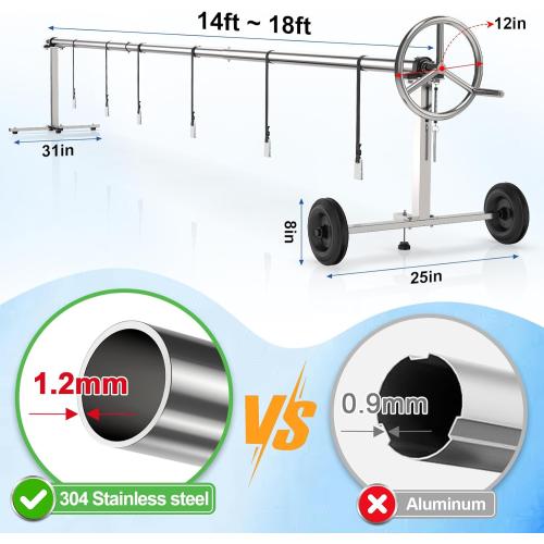 Abimars 18ft Pool Solar Cover Reel with Ball Bearings, 304 Stainless Steel Pool Solar Blanket Reel for Inground Pools, 304 Stainless Steel Tube Prevents Sagging, No Plastic Parts