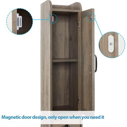 Bathroom Storage Cabinet with Adjustable Shelf, Tall Narrow Cabinet with Retractable Toilet Paper Rod and 8 Storage Compartments, Brown Gray