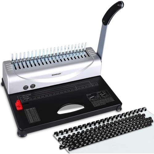 Black and Silver MAKEASY Binding Machine, 21-Hole, 450 Sheets, Comb Binding Machines with 1 Box Comb Bindings Spines, Comb Binder for Letter Size, A4, A5 Paper