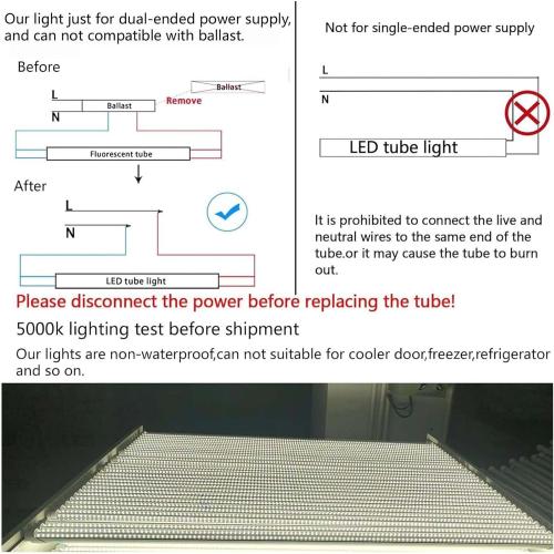4FT T8 LED Tube Lights,36W 3600lm,Daylight White 5000K,R17d Base,45.8 inches End to End,60W F48T12 CW HO Fluorescent Bulb Replacement,Ballast Bypass,Dual-Ended Power for Sign,Shop,Pack of 6