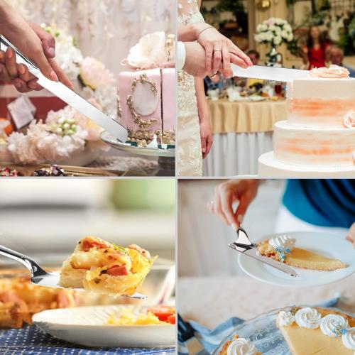 Cake Cutting Set for Wedding, Elegant Cake Knife and Server Set with Thickened Stainless Steel Rounded Edges, Cake Cutter and Pie Spatula for Birthday Anniversary, 2 Pcs, Silver