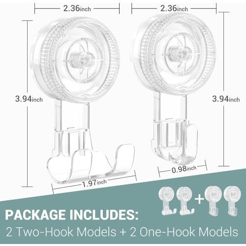 Suction Cup Hooks, BUDGET & GOOD Reusable Waterproof Shower Hook, 4Pcs Vacuum Suction Hooks - Razor Holder - Wreath Hook - Multi-Use for Bathroom Kitchen Office, Storage & Organization for Accessories