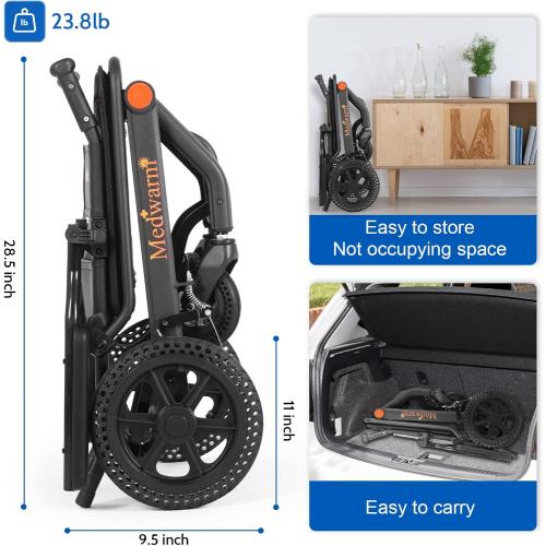 Portable Aluminum Transport Wheelchair with Handbrake, 11 Rear Wheels, Ultralight Folding Travel Wheelchair for Adults, Black (Seat Width:17.75)