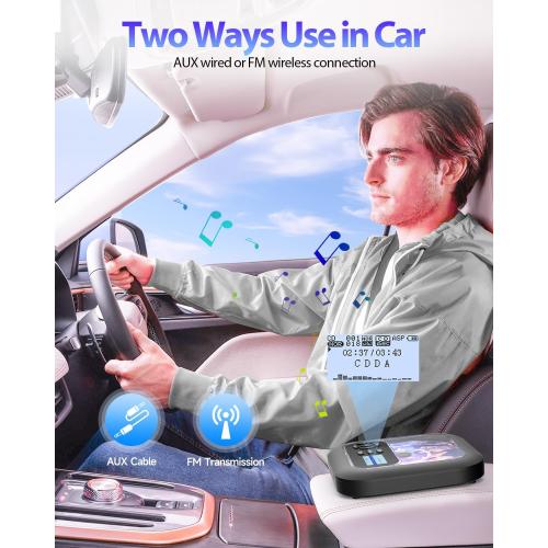 Portable-CD-Player with Bluetooth - Rechargeable with FM Transmitter, Dual Speakers, Headphones and AUX Use for Car Travel Home