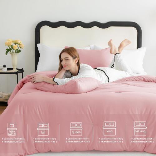 Comforter Set Pink, 3 Pieces Lightweight Comforters Quilted Bedding Sets, All Season Breathable Solid Down Alternative Comforter with 2 Pillowcases, Bed Set Gift for Home