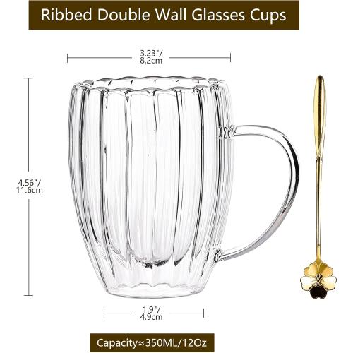 Double Wall Glass Coffee Mugs, 4pcs, 12oz, Classic Vertical Stripes, Aesthetic Tea Cups, Insulated Glass for Hot or Cold Drinks, Origami Style, Gift Boxed