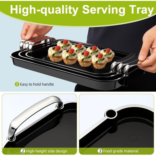 3 Pack Serving Tray with Handles, Stackable Reusable Trays for Serving Food, Plastic Serving Platters for Party, Charcuterie, Fruit, Appetizer, Black Silver