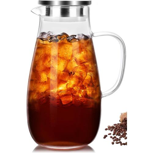 Glass Pitcher, Glass Water Pitcher with Lid and Handle for Fridge, 2 Quart Borosilicate Water Jug for Hot/Cold Drinks, Iced Tea, Juice and Coffee Beverage, Heat Resistant
