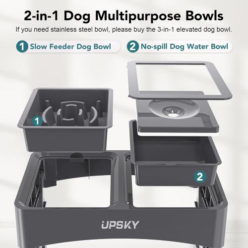 UPSKY 2-in-1 Elevated Dog Bowls Slow Feeder, 4 Height Adjustable Raised Bowl Stand, No Spill Dog Water Bowls, Anti-Slip Food and Water Bowls for Small Medium Dogs(Not Include Stainless Steel Bowl)