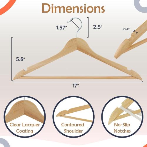 ELONG HOME Solid Wooden Hangers  Wood Suit Hangers with Extra Smooth Finish, Precisely Cut Notches and Chrome Swivel Hook, Clothes Hangers for Shirt Coat Jacket Dress, Natural