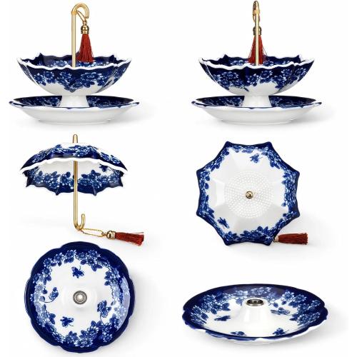Umbrella Tea Strainer Chinese Blue and White Porcelain Strainer Umbrella Shape Ceramic Tea Infuser with Rotating Design Multi Purpose Infuser for Kung Fu, Coffee, Brewing