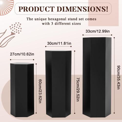 Yaocom 3 Pcs Pedestal Stand for Display Metal Hexagonal Pedestal Stand Cylinder Cake Dessert Plant Table Pillar for Wedding Sculpture Collection Vase Party Decor, 23.6/29.5/35.4 Inch Tall(Matte Black)