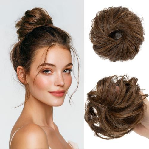 CJL HAIR 2PCs Small Cute Messy Bun Hair Piece for Thin Hair Women Mini Synthetic Curly Bun Scrunchies Updo Hairpieces Chocolate