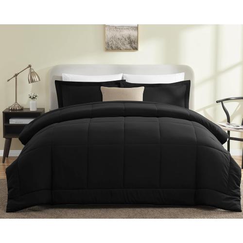 CozyLux Queen Size Comforter Sets - Black Comforter Queen Size, 3 Pieces Box Stitched Soft Lightweight Bed Set, All Season Bedding Sets with 1 Down Alternative Comforter and 2 Pillow Shams