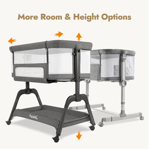 Papablic Baby Bassinet, Bedside Bassinet for Baby with Four-Sided Breathable Mesh & Soft Mattress, Adjustable Bassinet Bedside Sleeper with Storage Basket and Wheels, Easy to Assemble