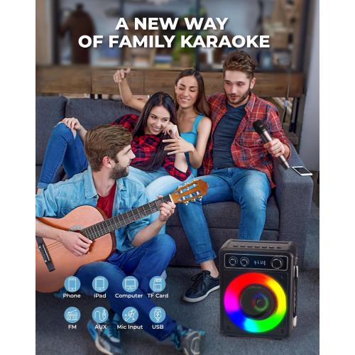 Karaoke Machine, Portable Bluetooth Karaoke Speaker with 2 Wireless Microphones, PA System for Adults Kids with LED Lights, Supports FM/AUX/USB/TF for Home Party