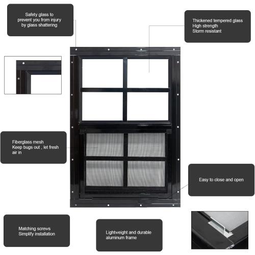 Yuzzy 24 x 36 Shed Windows with Tempered Glass and Fiberglass Screen, 2 Pack Small Sliding Windows for Shed, Chicken Coop, Playhouse, Household, Garage, Barns (Black) ( dents see the pictures)