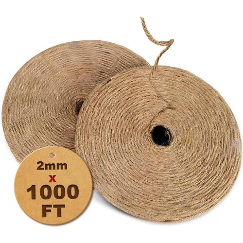 1000FT Natural Jute Twine String Bulk Hemp Rope Cord for Crafts Gardening Gift Wrapping Wedding Décor Packing Material Burlap Ribbon Christmas Knitting Macrame Decoration (Brown 2mm* 1000ft)