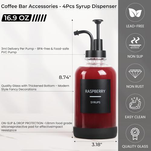 Set of 4 Coffee Syrup Dispenser for Coffee Bar, Set of 4 Non-Slip Glass Syrup Dispenser w. Labels and Silicone Sheath, 16.9 oz 500ml Syrup Pump Dispenser, Coffee Bar Accessories Simple Syrup Bottle w. Pump