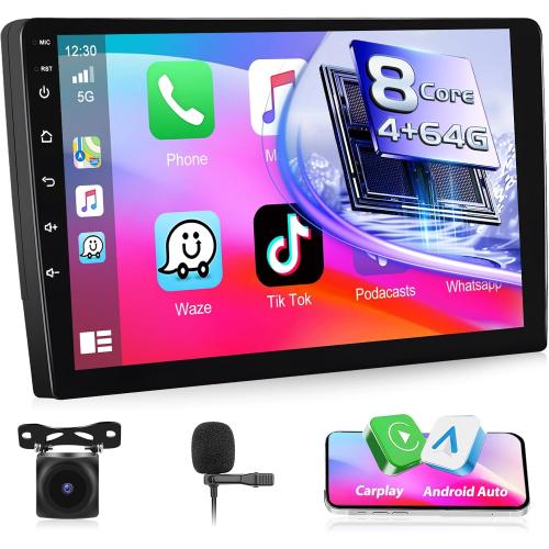 8-Core 4 64G Qualcomm Double Din Android Car Stereo Audio 10 Inch IPS Touchscreen with Wireless Carplay Android Auto 3D Car Model Bluetooth WIFI GPS DSP FM Radio Receiver SWC Backup Camera MIC