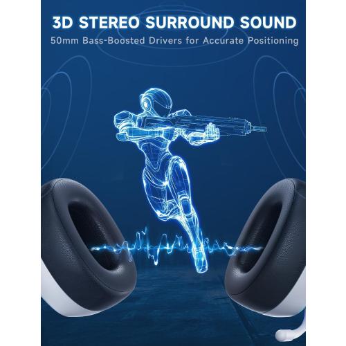 2.4GHz Wireless Gaming Headsets for PS5, PS4, PC, Switch - Bluetooth 5.3 Gaming Headphones with Noise Canceling Mic, 7.1 Surround Sound, 70H Battery, Blue Lighting - White