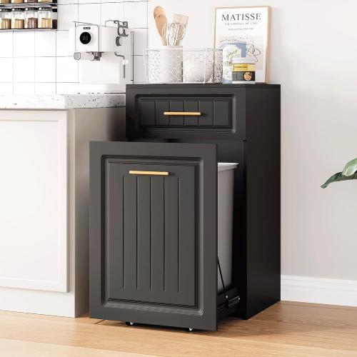 ZIFTY Pull Out Trash Can Cabinet for 13 Gallon Bin, Freestanding Kitchen Trash Bin Cabinet with Hideaway Drawer, Pet Proof Hidden Garbage Recycling Cabinet for Kitchen, Laundry, Living Room, Black