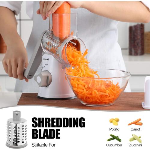 Geedel Rotary Cheese Grater, Kitchen Mandoline Vegetable Slicer with 3 Interchangeable Blades, Easy to Clean Rotary Grater Slicer for Fruit, Vegetables, Nuts