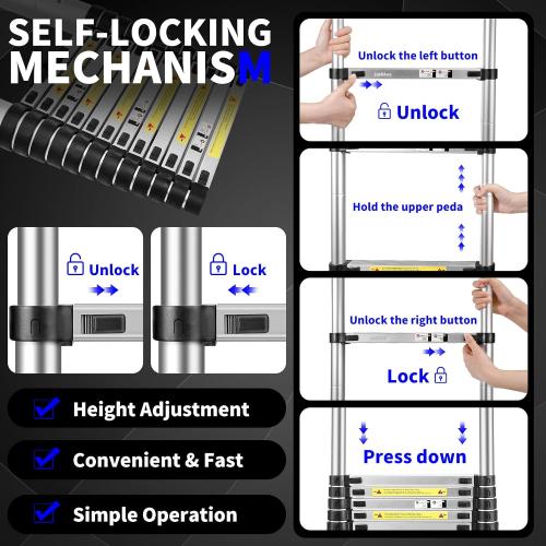 JADDUO 20.3 FT Telescopic Ladder, Aluminium Black Telescoping Ladder with Non-Slip Feet and Stable Hook, Portable Extension Ladder for Household and Outdoor Working, Heavy Duty 330 lbs Max Capacity