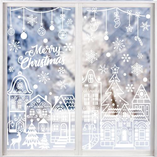 Large Christmas Window Clings, Xmas Window Stickers White House Snowflakes Reindeer Decals for Winter Glass Christmas Window Decoration